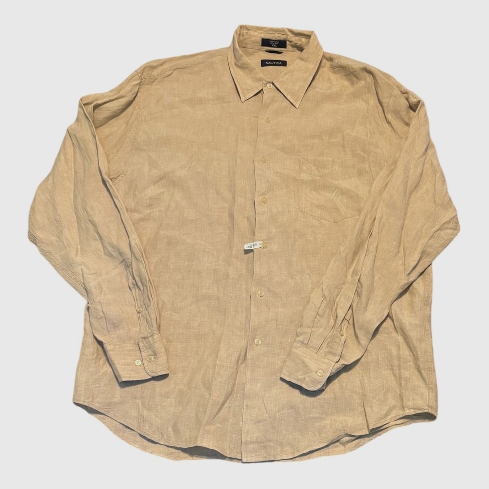 Nautica 100% Linen Shirt Mens XXL Button Up Tan Long Sleeve Casual Pocket Logo